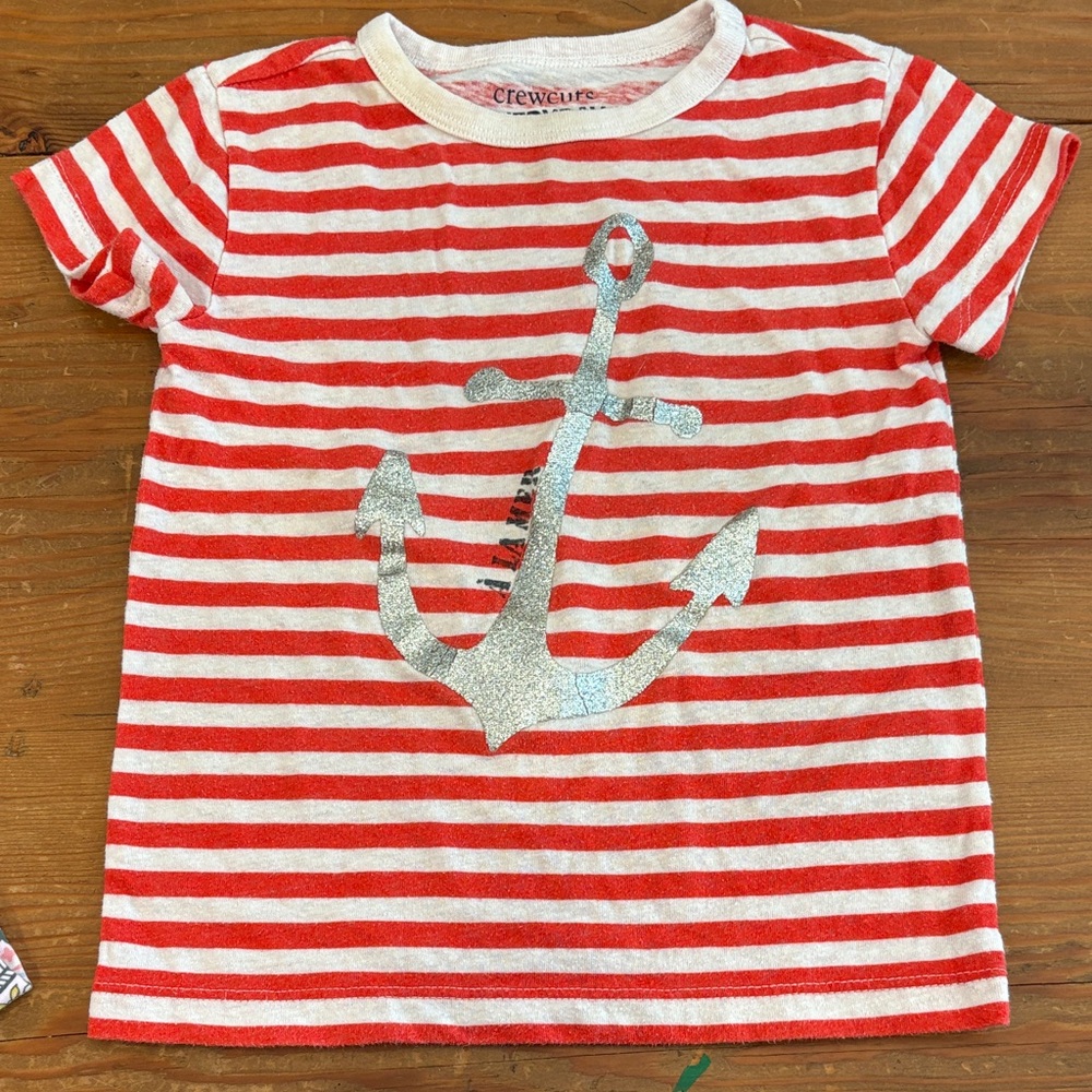 By the Sea Crewcuts Kids Tee with Red Stripes and Silver Anchor size 3